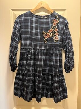 Zara Navy Plaid Tiered Dress with Sequin Floral Applique